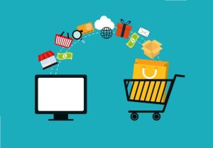 Graphique de croissance des ventes en e-commerce avec icônes de panier et de configuration